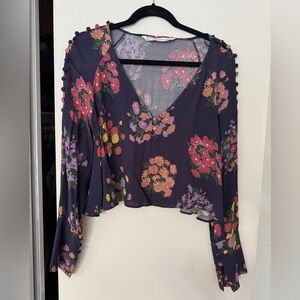 Zara Floral V-Neck Blouse - Navy and Pink
